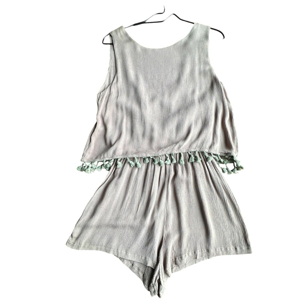POL Tassel Trim Sleeveless Romper Small Brown / Sage Boho Festival Style